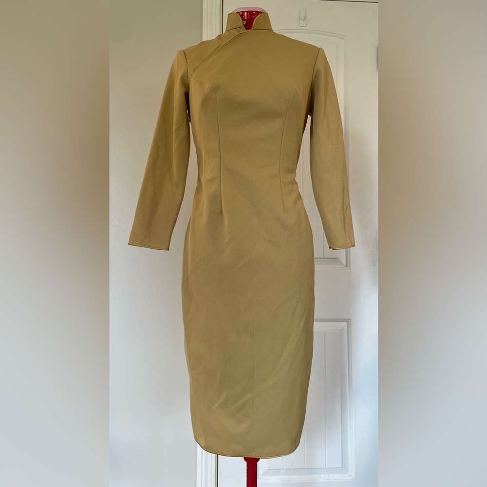 Vintage Olive-Tan Long Sleeve Fitted Sheath Dress